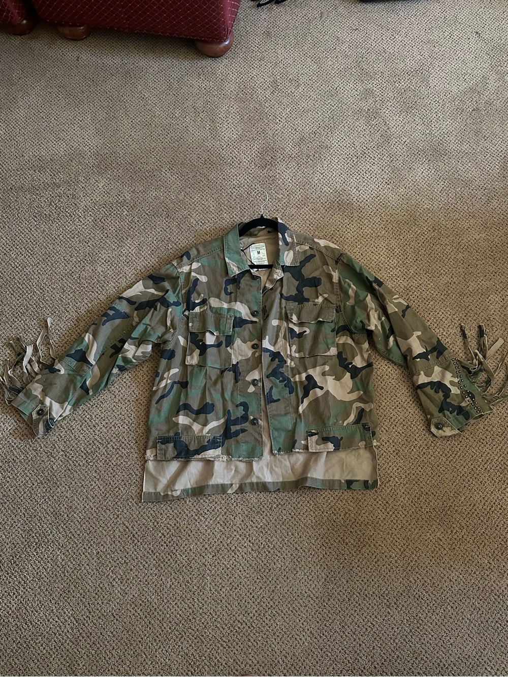 Zara Women's Camouflage Field Jacket in Green and Beige with Fringe Sleeves